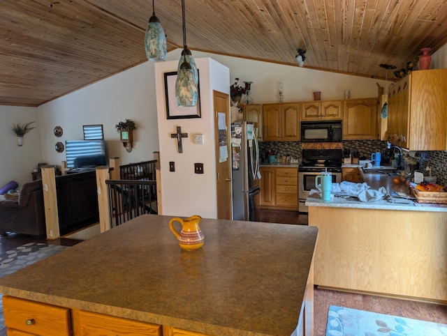 19963 County 18, Henrietta Twp, MN 56470 - kitchen with appliances with stainless steel finishes, vaulted ceiling, wood ceiling, decorative backsplash, and a center island