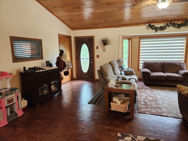 19963 County 18, Henrietta Twp, MN 56470 - living room featuring wood ceiling, lofted ceiling, wood finished floors, and a ceiling fan