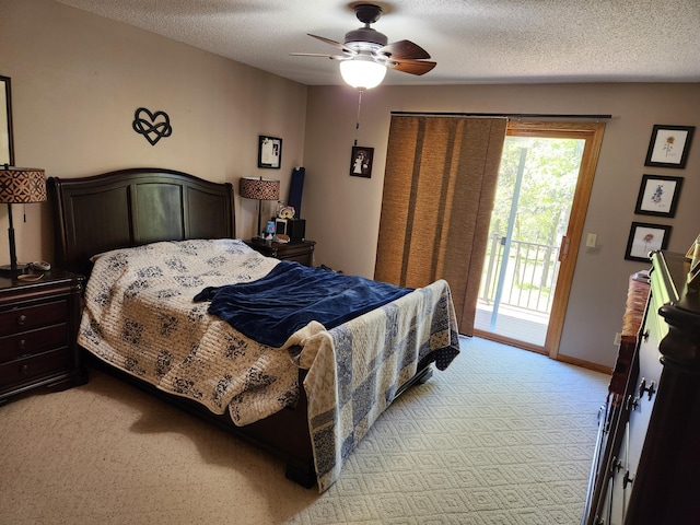 19963 County 18, Henrietta Twp, MN 56470 - bedroom with access to outside, light colored carpet, a textured ceiling, and ceiling fan