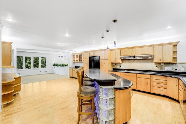 801 Corens Dr, Minnetonka, MN 55305 - kitchen with freestanding refrigerator, open shelves, light brown cabinetry, dark countertops, and recessed lighting