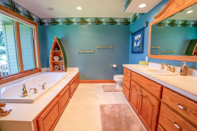 870 Andrew Dr NE, Lake Andrew Twp, MN 56273 - bathroom featuring vanity, a bath, recessed lighting, and tile patterned floors