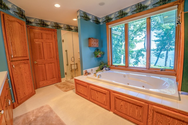 870 Andrew Dr NE, Lake Andrew Twp, MN 56273 - bathroom with a stall shower, a whirlpool tub, and recessed lighting