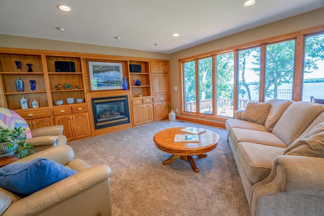 870 Andrew Dr NE, Lake Andrew Twp, MN 56273 - carpeted living room with recessed lighting, a glass covered fireplace, and a textured ceiling
