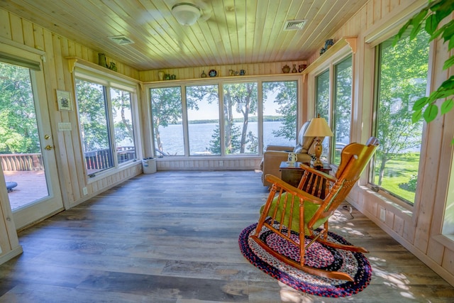870 Andrew Dr NE, Lake Andrew Twp, MN 56273 - sunroom / solarium with a water view, healthy amount of natural light, wood walls, and wood finished floors