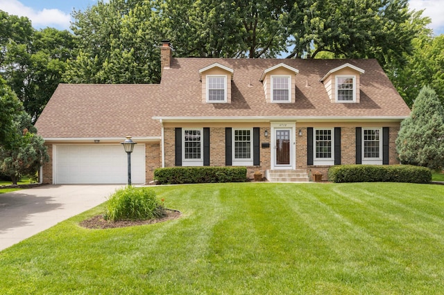 6712 Hillside Ln, Edina, MN 55439 - cape cod home featuring a chimney, roof with shingles, brick siding, a front lawn, and a garage