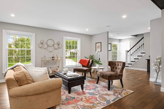 6712 Hillside Ln, Edina, MN 55439 - living area featuring hardwood / wood-style flooring, healthy amount of natural light, stairway, and recessed lighting