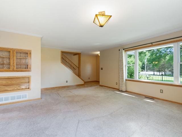 3568 Feldman Ave SE, Buffalo, MN 55313 - empty room with stairs, carpet floors, and ornamental molding