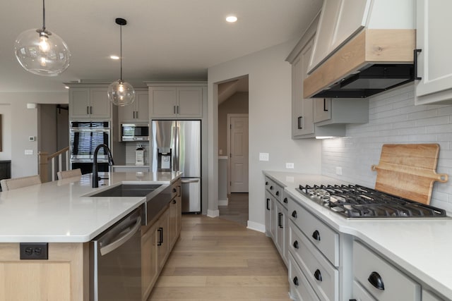 14714 146th Ave N, Dayton, MN 55327 - kitchen featuring stainless steel appliances, custom range hood, light wood-style flooring, light countertops, and recessed lighting