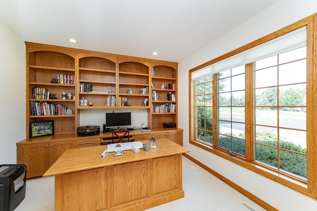 160 River Bluff Pl NW, Cascade Twp, MN 55901 - home office with light carpet, recessed lighting, and built in desk