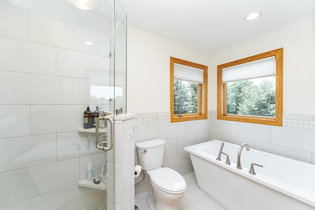 160 River Bluff Pl NW, Cascade Twp, MN 55901 - full bathroom with tile walls, a freestanding tub, a stall shower, and a wainscoted wall
