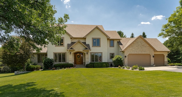 160 River Bluff Pl NW, Cascade Twp, MN 55901 - traditional-style house featuring stone siding, an attached garage, concrete driveway, and a front yard