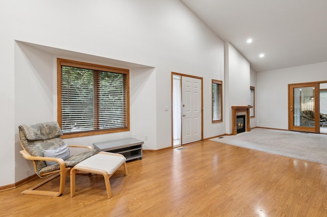 3406 Eagan Oaks Ct, Eagan, MN 55123 - entryway with high vaulted ceiling, a glass covered fireplace, wood finished floors, and recessed lighting