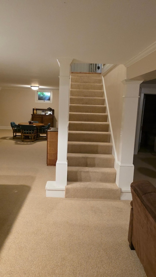 3307 Nokomis NE, Alexandria, MN 56308 - staircase featuring carpet floors and crown molding