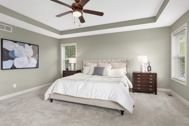 3153 Magnolia Dr, Medina, MN 55340 - carpeted bedroom featuring multiple windows, a raised ceiling, and ceiling fan
