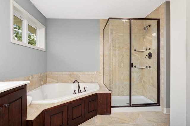 3153 Magnolia Dr, Medina, MN 55340 - full bathroom featuring a garden tub, a shower stall, and vanity
