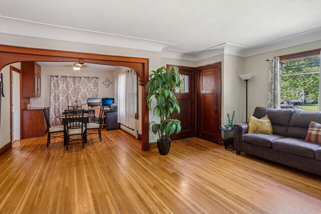 116 3rd Ave SE, Osseo, MN 55369 - living area featuring arched walkways, light wood-type flooring, and baseboard heating