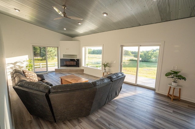 1650 Gunn Rd, Grand Rapids, MN 55744 - living area with ceiling fan, a glass covered fireplace, lofted ceiling, wood finished floors, and recessed lighting