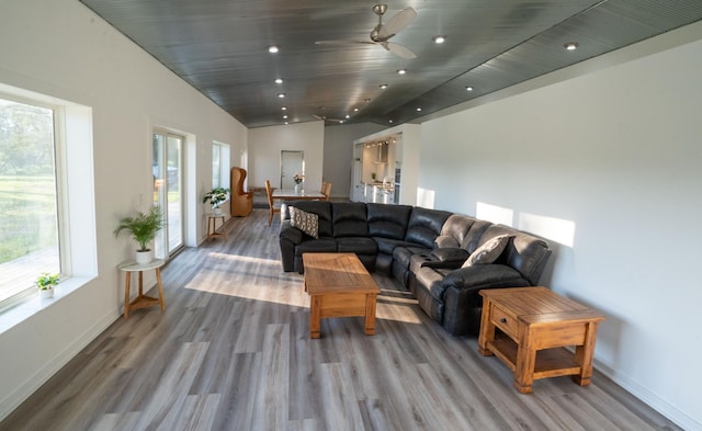 1650 Gunn Rd, Grand Rapids, MN 55744 - living room featuring light wood-type flooring, ceiling fan, recessed lighting, and wood ceiling