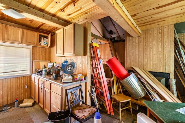 1031 23rd St Unit A, Prairie Lake Twp, WI 54728 - kitchen with wooden walls, a wood ceiling with exposed beams, and tile counters