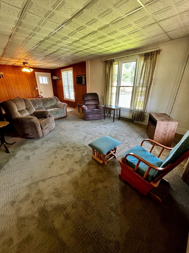 504 3rd Ave SE, Pipestone, MN 56164 - living area featuring plenty of natural light, carpet flooring, an ornate ceiling, wood walls, and an AC wall unit