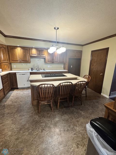 214 7th St, Hatton, ND 58240 - dining space with crown molding, a textured ceiling, and a chandelier
