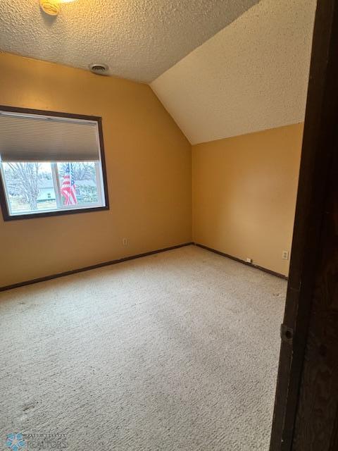 214 7th St, Hatton, ND 58240 - additional living space with vaulted ceiling, a textured ceiling, and carpet