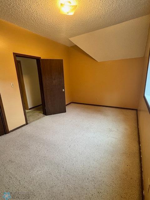 214 7th St, Hatton, ND 58240 - empty room featuring vaulted ceiling, a textured ceiling, and light carpet