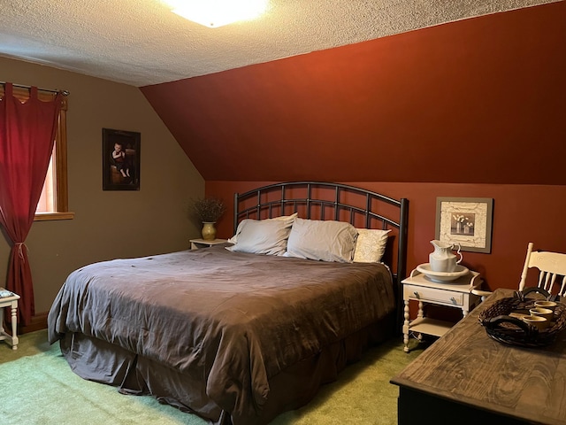 681 8th St, Walnut Grove, MN 56180 - bedroom featuring light colored carpet, vaulted ceiling, and a textured ceiling
