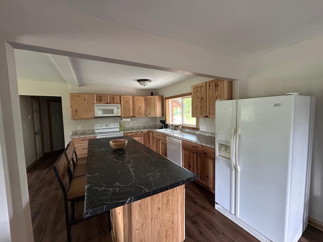 30290 7th Ave N, Swiss Twp, WI 54830 - kitchen with white appliances, dark wood-style floors, and a center island