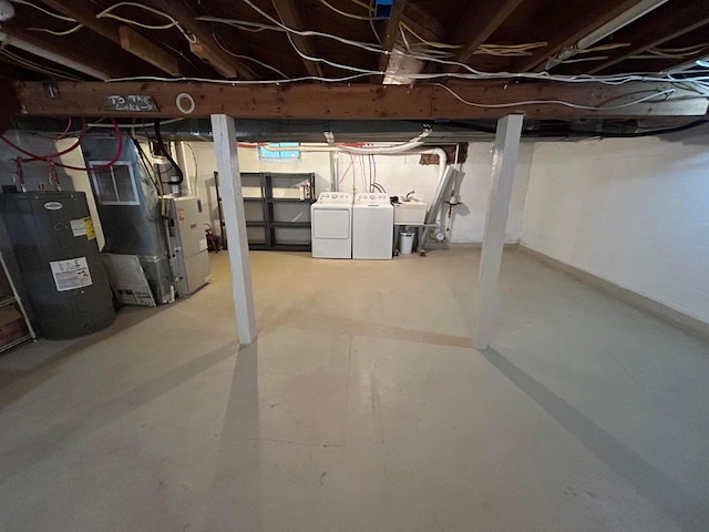 30290 7th Ave N, Swiss Twp, WI 54830 - unfinished below grade area with water heater, washing machine and clothes dryer, and heating unit