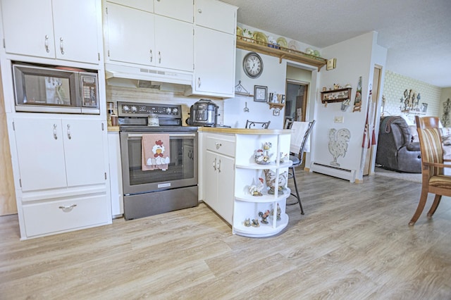 39070 County Highway 67, Newton Twp, MN 56567 - kitchen featuring stainless steel range with electric cooktop, under cabinet range hood, a baseboard heating unit, open shelves, and white cabinets