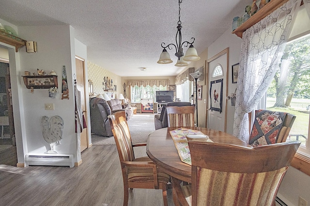 39070 County Highway 67, Newton Twp, MN 56567 - dining room featuring a baseboard heating unit, a chandelier, a textured ceiling, light wood-style floors, and baseboard heating