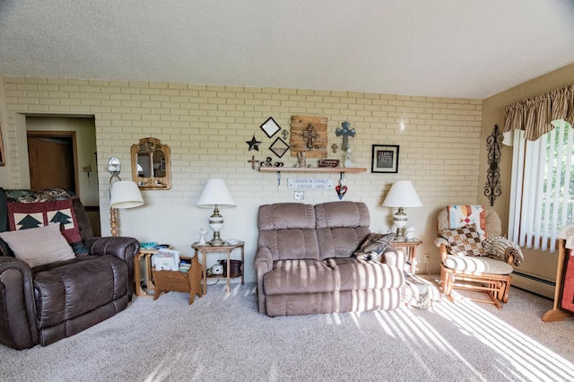 39070 County Highway 67, Newton Twp, MN 56567 - carpeted living room featuring brick wall and a baseboard radiator