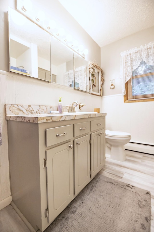 39070 County Highway 67, Newton Twp, MN 56567 - bathroom with baseboard heating, vanity, wood finished floors, and wainscoting