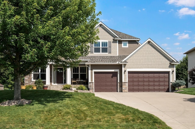 10412 Florida Ave N, Brooklyn Park, MN 55445 - craftsman-style house with stone siding, concrete driveway, a front lawn, and a shingled roof