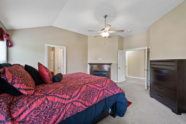 10412 Florida Ave N, Brooklyn Park, MN 55445 - bedroom with carpet floors, lofted ceiling, ceiling fan, and a fireplace