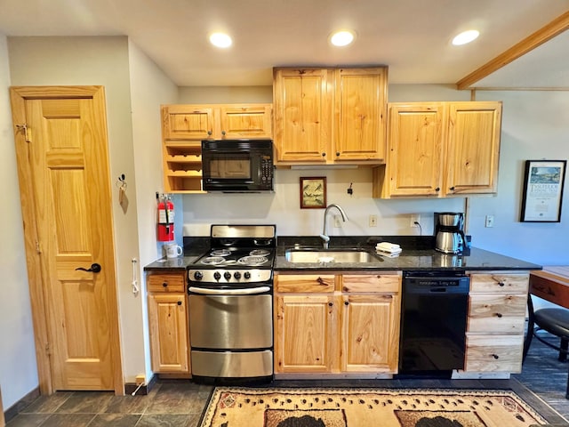 140 Bridge Run Ln Unit C, Lutsen Twp, MN 55615 - kitchen with black appliances, light brown cabinetry, recessed lighting, and dark stone countertops