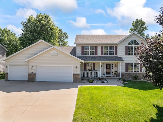 1405 17th Dr SW, Austin, MN 55912 - view of front of property featuring a porch, driveway, an attached garage, a front lawn, and roof with shingles