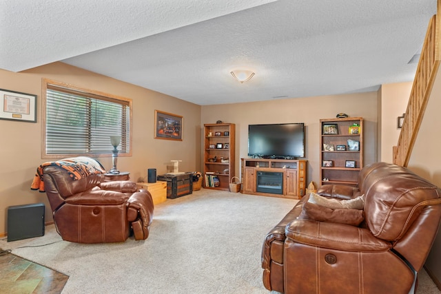 1405 17th Dr SW, Austin, MN 55912 - living room featuring a textured ceiling, carpet floors, and a fireplace