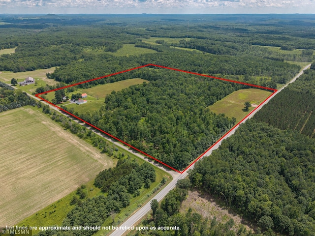 W10429 Hinker Rd, Foster Twp, WI 54493 - aerial view of property and surrounding area with a heavily wooded area and property boundaries highlighted