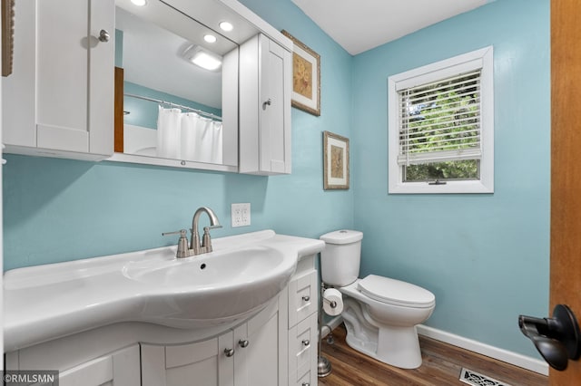 W10429 Hinker Rd, Foster Twp, WI 54493 - bathroom featuring wood finished floors, vanity, and a shower with shower curtain