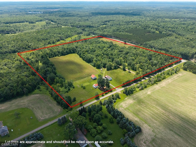 W10429 Hinker Rd, Foster Twp, WI 54493 - aerial view of sparsely populated area with a heavily wooded area and property boundaries highlighted