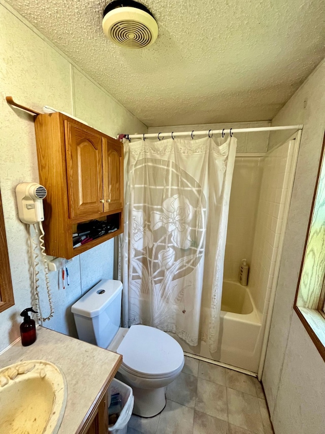 31700 Cherry Lake Rd, Ogema, MN 56569 - full bathroom with a textured ceiling, vanity, shower / bathtub combination with curtain, and tile patterned flooring