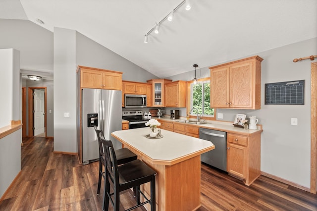 911 Hazelwood Ct, Buffalo, MN 55313 - kitchen featuring stainless steel appliances, vaulted ceiling, track lighting, light countertops, and dark wood-style floors