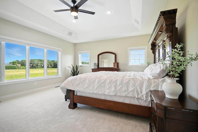 1570 Wood Duck Ln NE, Owatonna, MN 55060 - bedroom with multiple windows, carpet floors, recessed lighting, a tray ceiling, and a ceiling fan