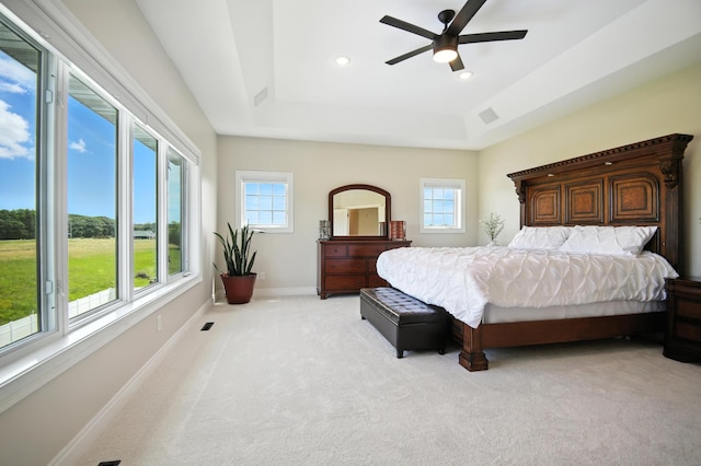 1570 Wood Duck Ln NE, Owatonna, MN 55060 - bedroom featuring light colored carpet, a raised ceiling, recessed lighting, and ceiling fan