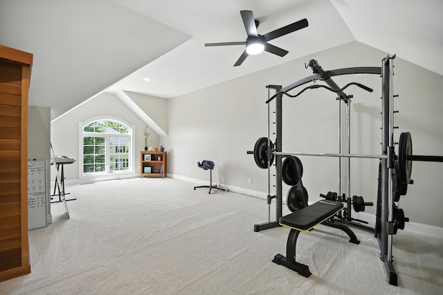 1570 Wood Duck Ln NE, Owatonna, MN 55060 - workout room with carpet floors, lofted ceiling, and ceiling fan