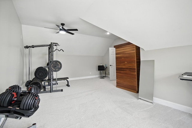 1570 Wood Duck Ln NE, Owatonna, MN 55060 - workout area featuring a ceiling fan, vaulted ceiling, and carpet