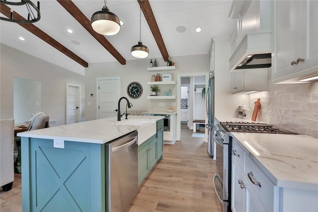 7591 255th St, Wyoming, MN 55092 - kitchen featuring appliances with stainless steel finishes, open shelves, custom exhaust hood, backsplash, and beamed ceiling