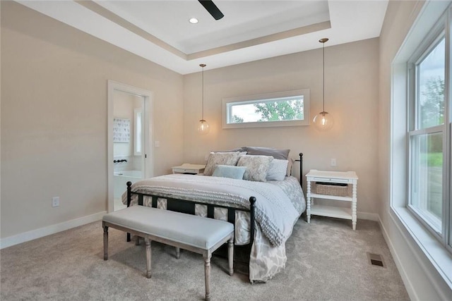 7591 255th St, Wyoming, MN 55092 - bedroom featuring carpet floors, a tray ceiling, ensuite bath, and a ceiling fan